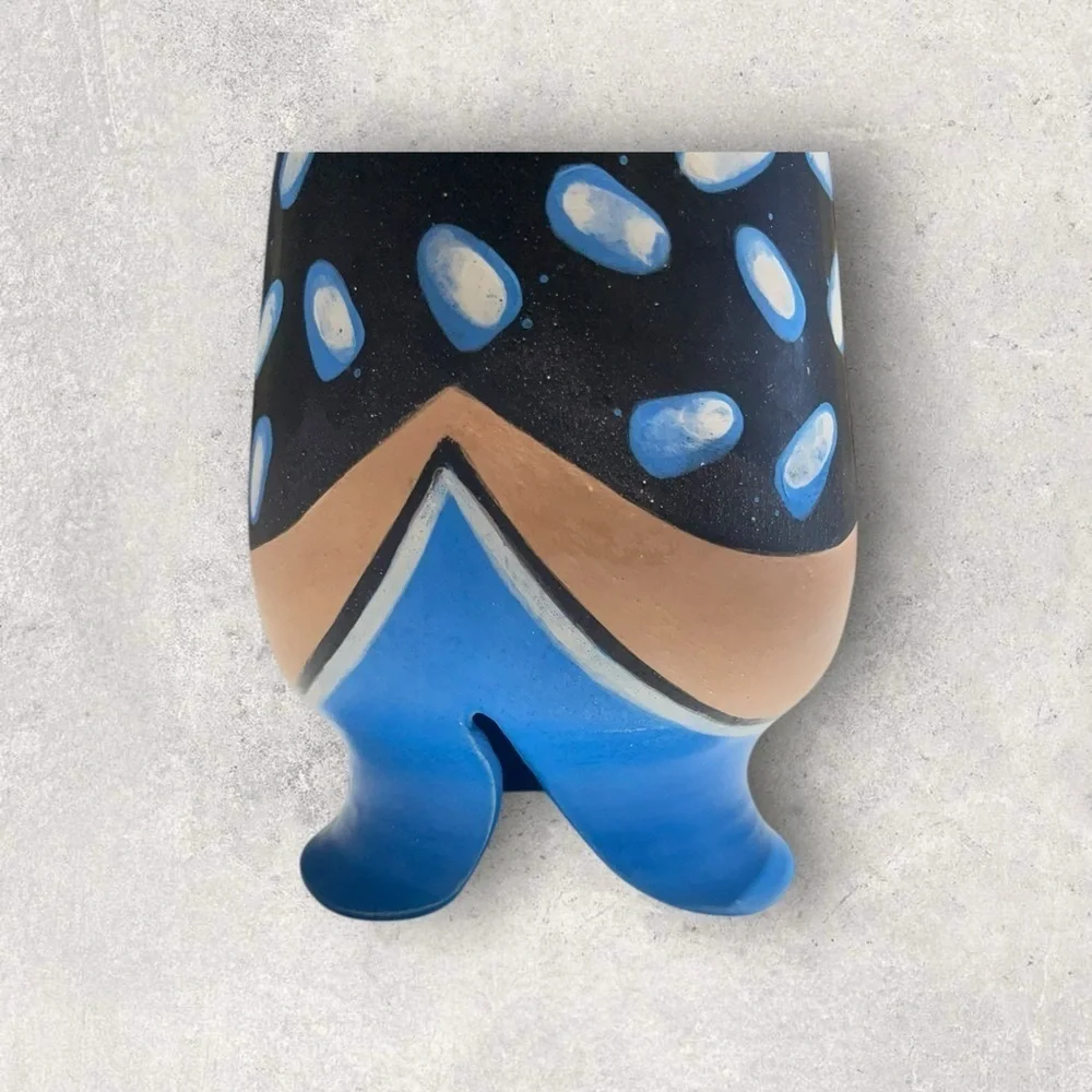 Blue & Beige Artistic Vase, Native American pottery, artist signature 